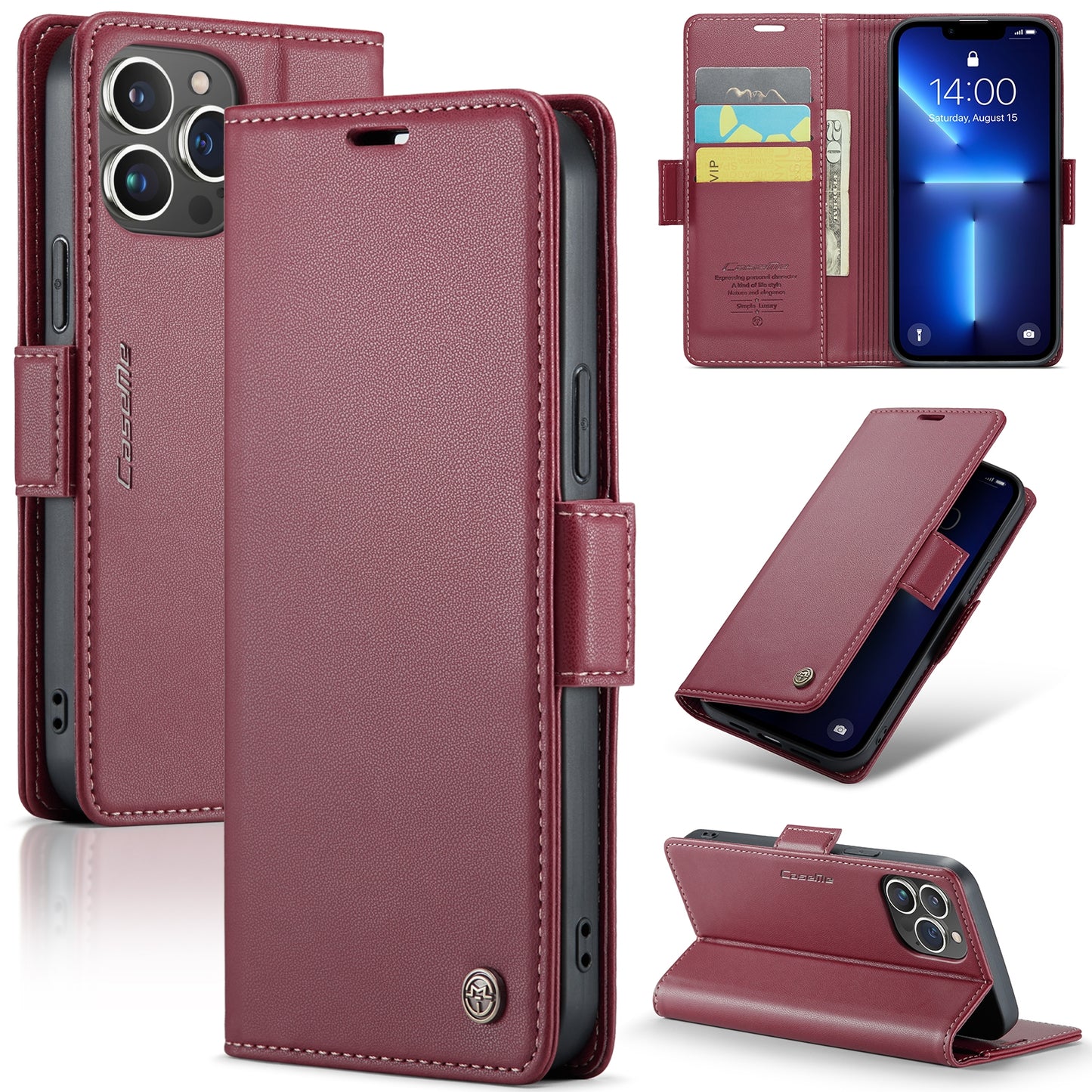 iPhone 13 Pro Leather Wallet Case - RFID Blocking, Stand Function, Card Slots