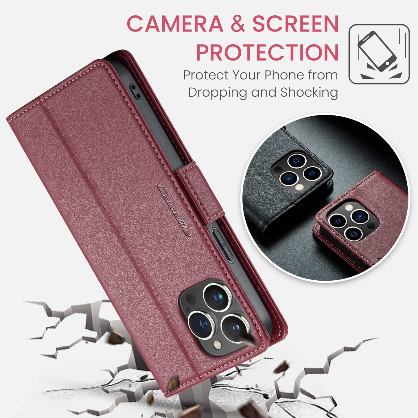 iPhone 13 Pro Leather Wallet Case - RFID Blocking, Stand Function, Card Slots