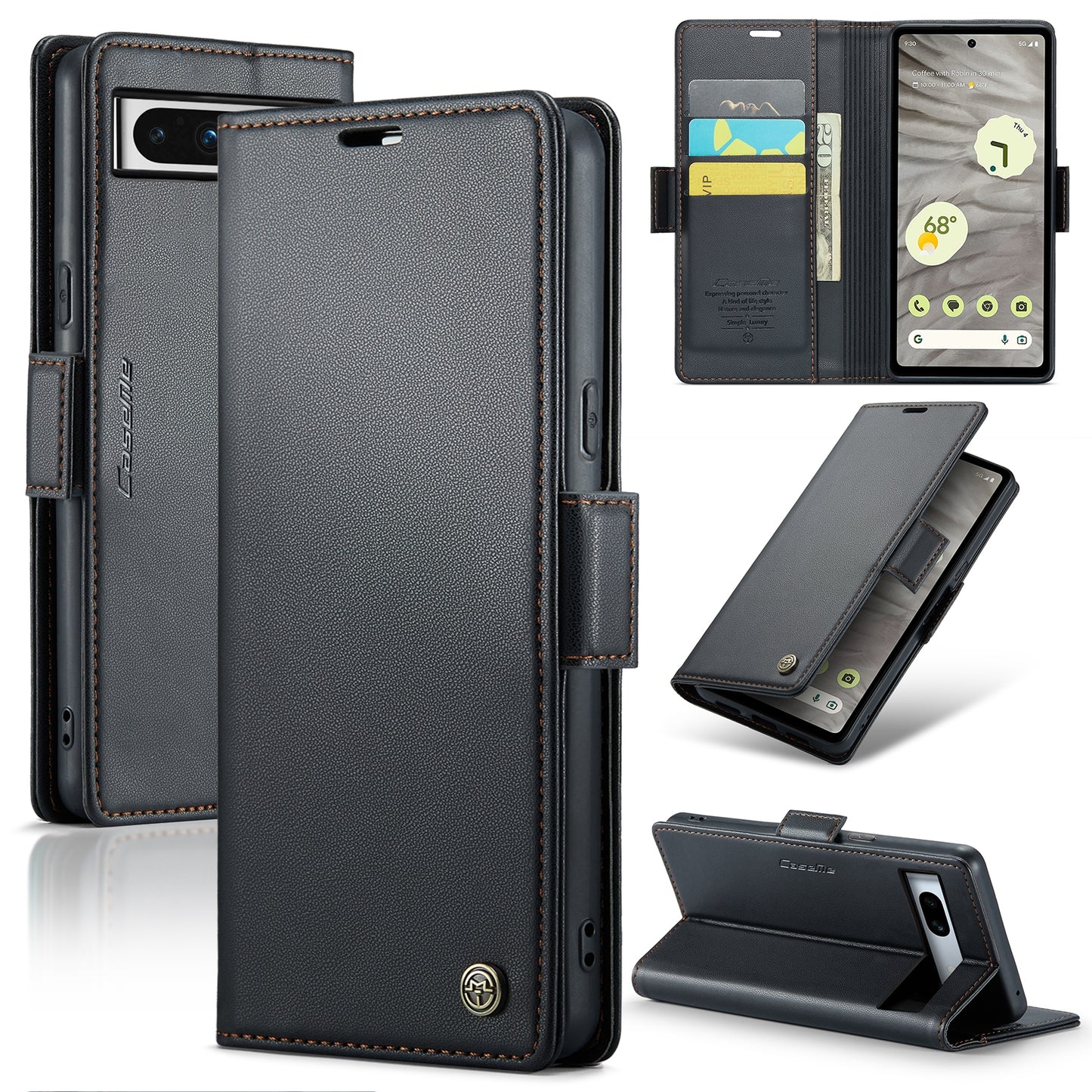 Google Pixel 7a Leather Wallet Case - RFID Blocking, Stand Function, Card Slots