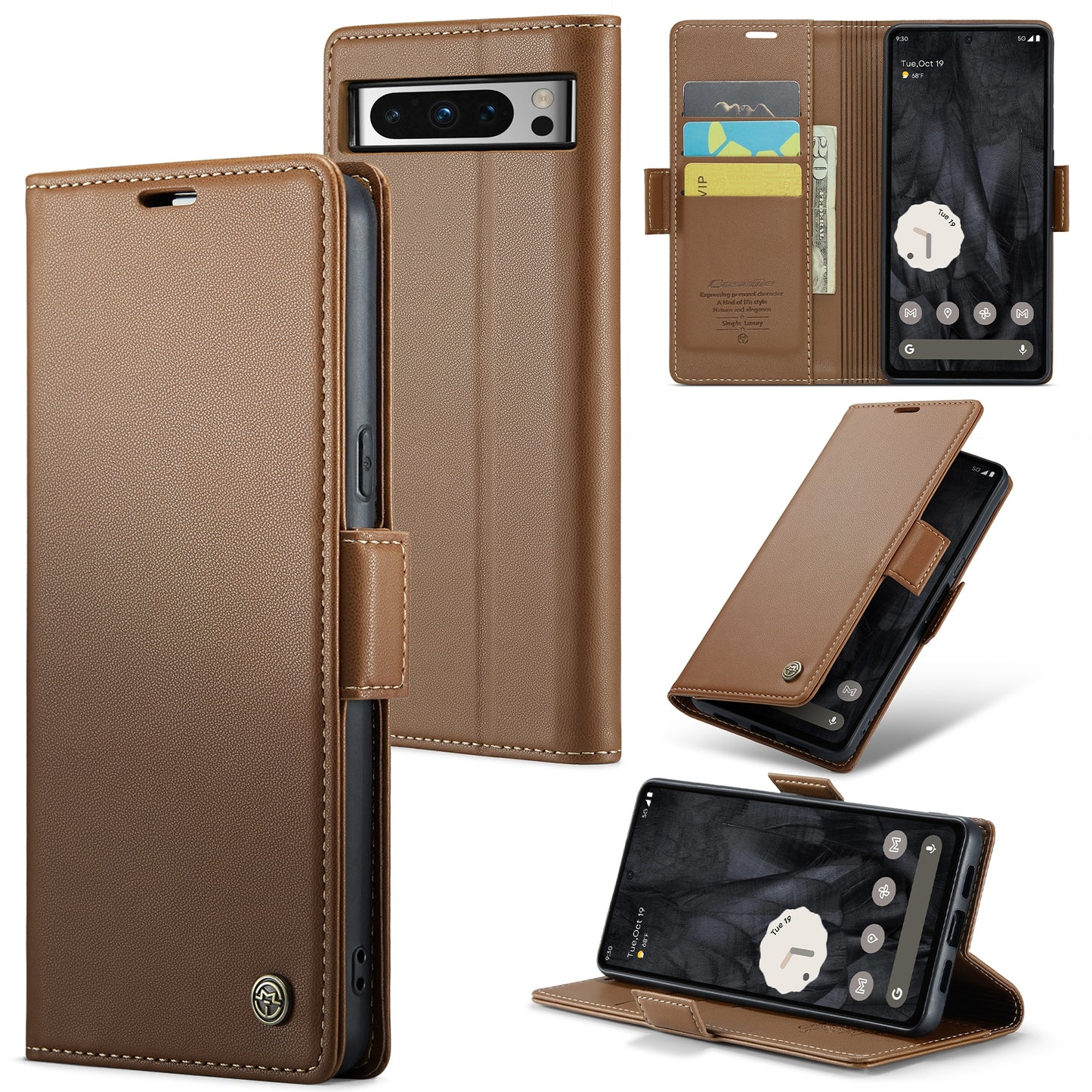 Google Pixel 8 Pro Leather Wallet Case - RFID Blocking, Stand Function, Card Slots