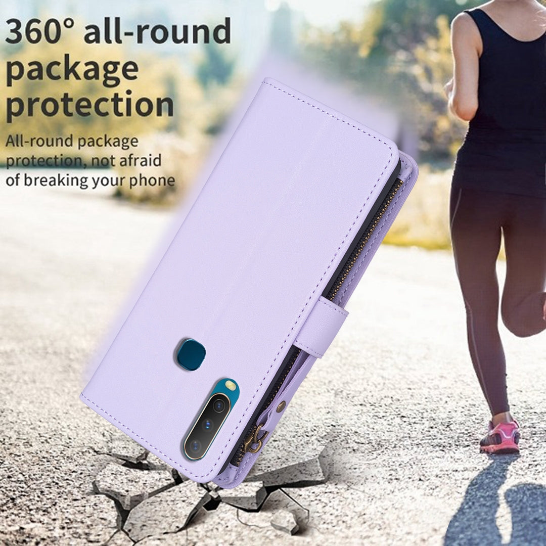 vivo Y12 Leather Flip Wallet Phone Case with 9 Card Slots, Zipper Compartment, and Adjustable Stand