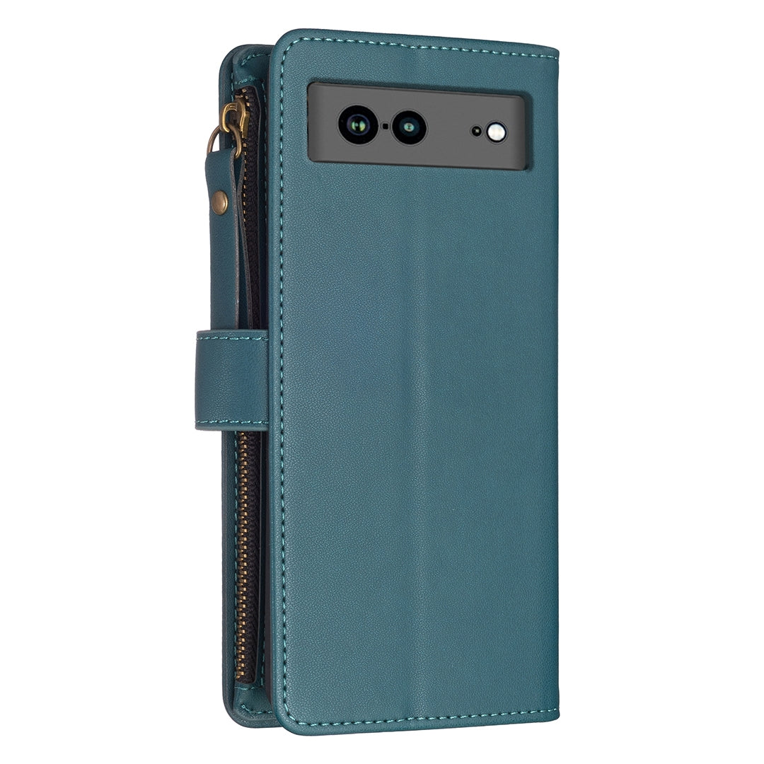 Google Pixel 7a Leather Flip Wallet Phone Case with 9 Card Slots, Zipper Compartment, and Adjustable Stand