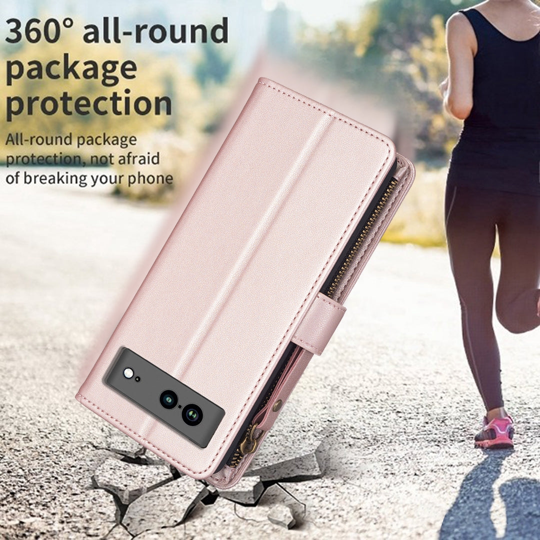 Google Pixel 7a Leather Flip Wallet Phone Case with 9 Card Slots, Zipper Compartment, and Adjustable Stand