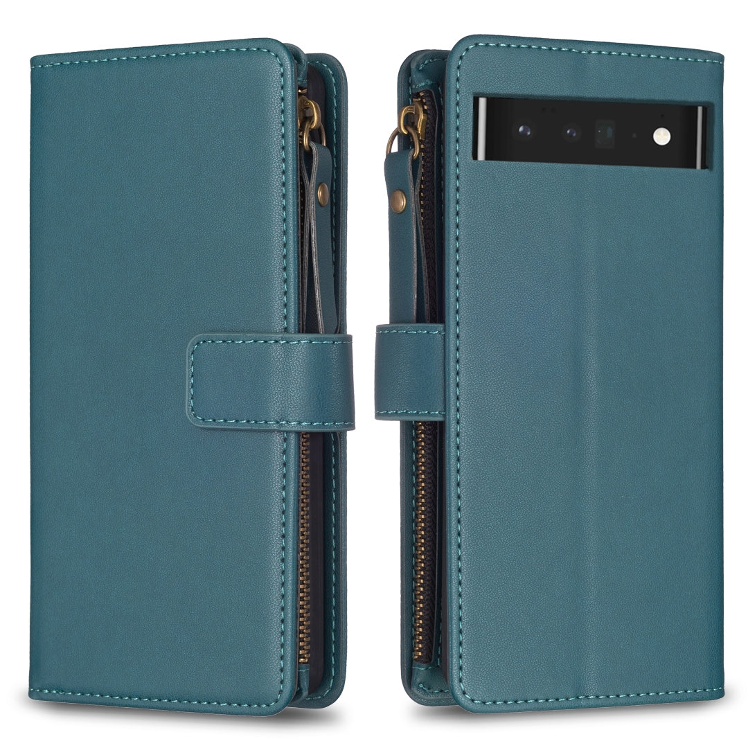 Google Pixel 7 Pro Leather Flip Wallet Phone Case with 9 Card Slots, Zipper Compartment, and Adjustable Stand