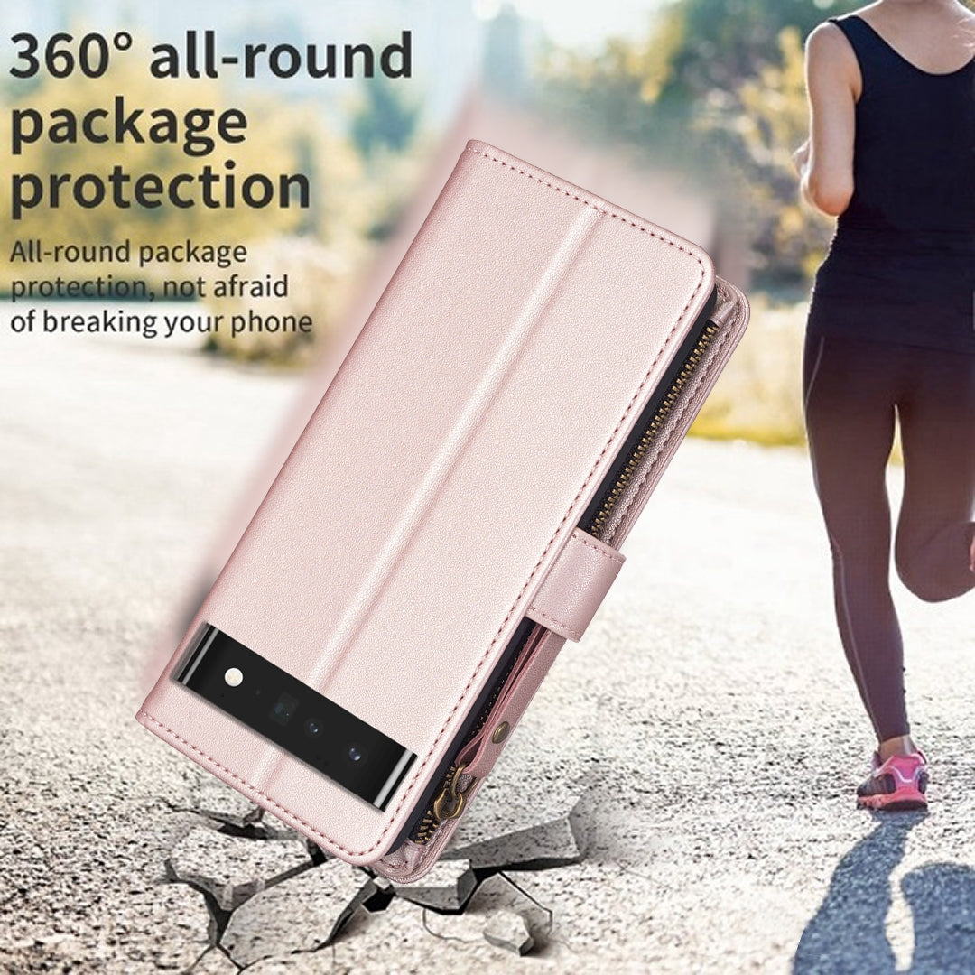 Google Pixel 7 Pro Leather Flip Wallet Phone Case with 9 Card Slots, Zipper Compartment, and Adjustable Stand