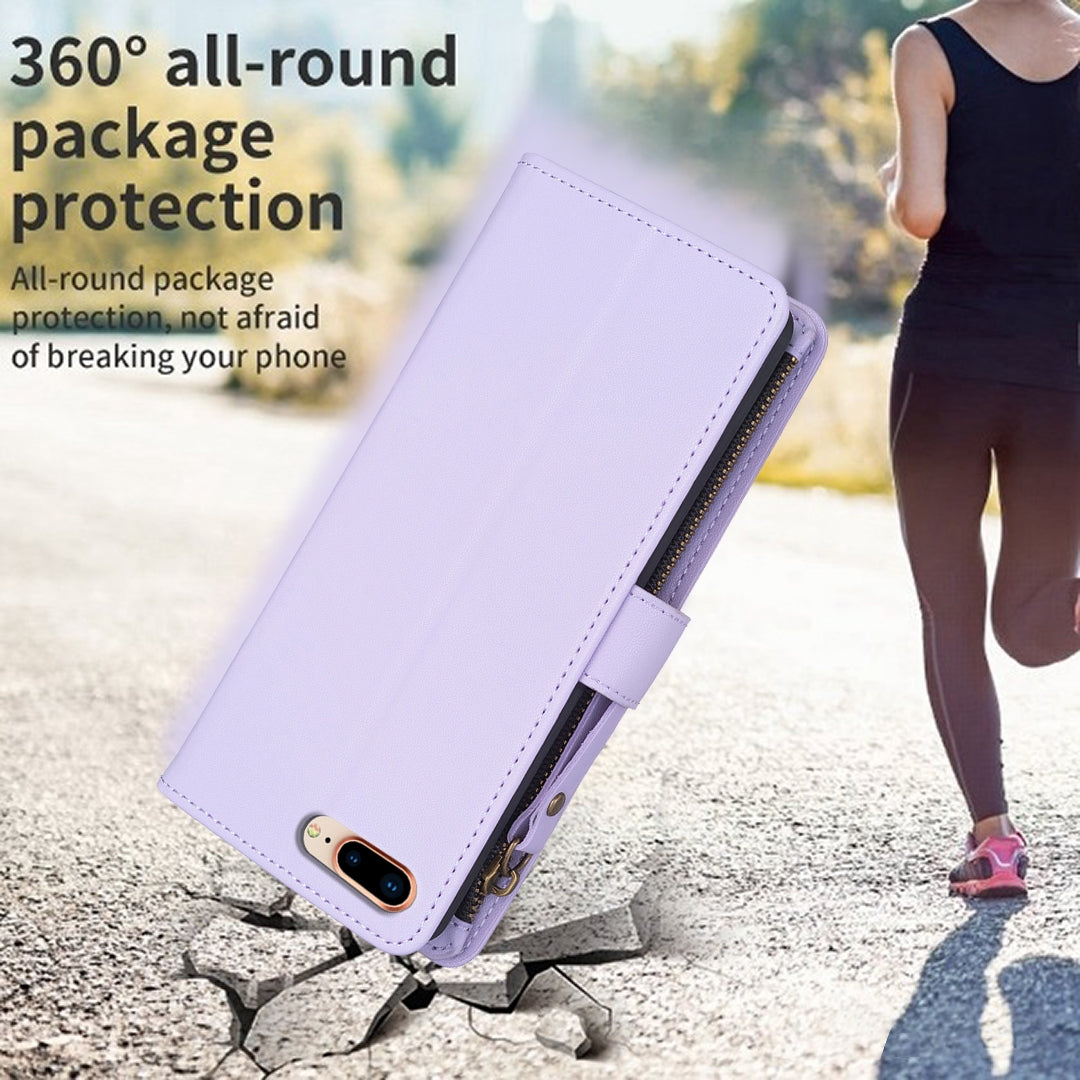 iPhone 8 Plus Leather Flip Wallet Phone Case with 9 Card Slots, Zipper Compartment, and Adjustable Stand