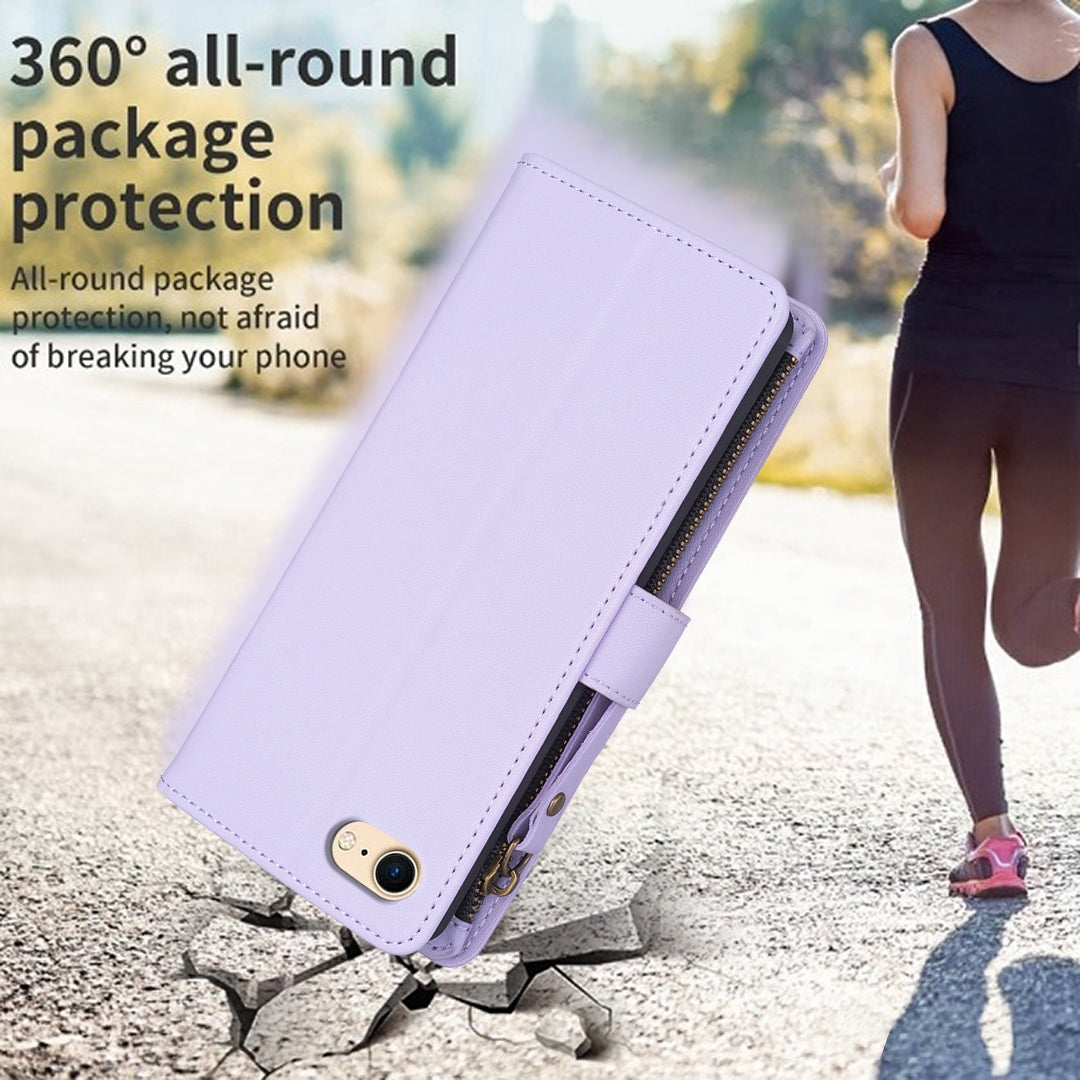 iPhone 8 Leather Flip Wallet Phone Case with 9 Card Slots, Zipper Compartment, and Adjustable Stand