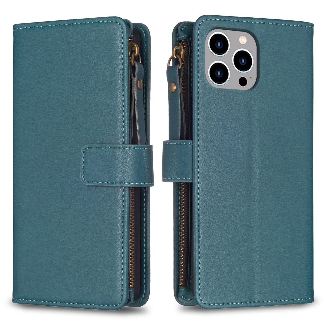 iPhone 13 Pro Leather Flip Wallet Phone Case with 9 Card Slots, Zipper Compartment, and Adjustable Stand