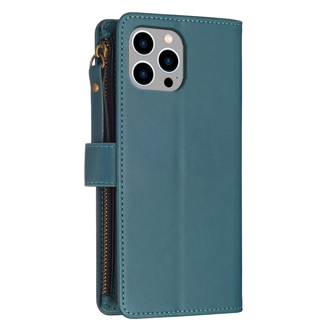 iPhone 13 Pro Leather Flip Wallet Phone Case with 9 Card Slots, Zipper Compartment, and Adjustable Stand