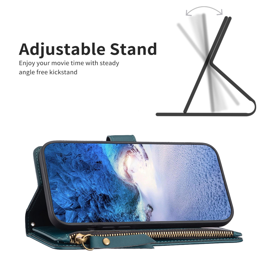 iPhone 13 Pro Leather Flip Wallet Phone Case with 9 Card Slots, Zipper Compartment, and Adjustable Stand