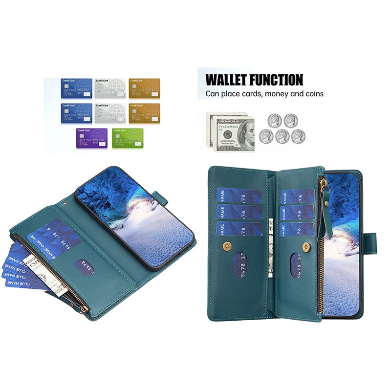 iPhone 13 Pro Leather Flip Wallet Phone Case with 9 Card Slots, Zipper Compartment, and Adjustable Stand