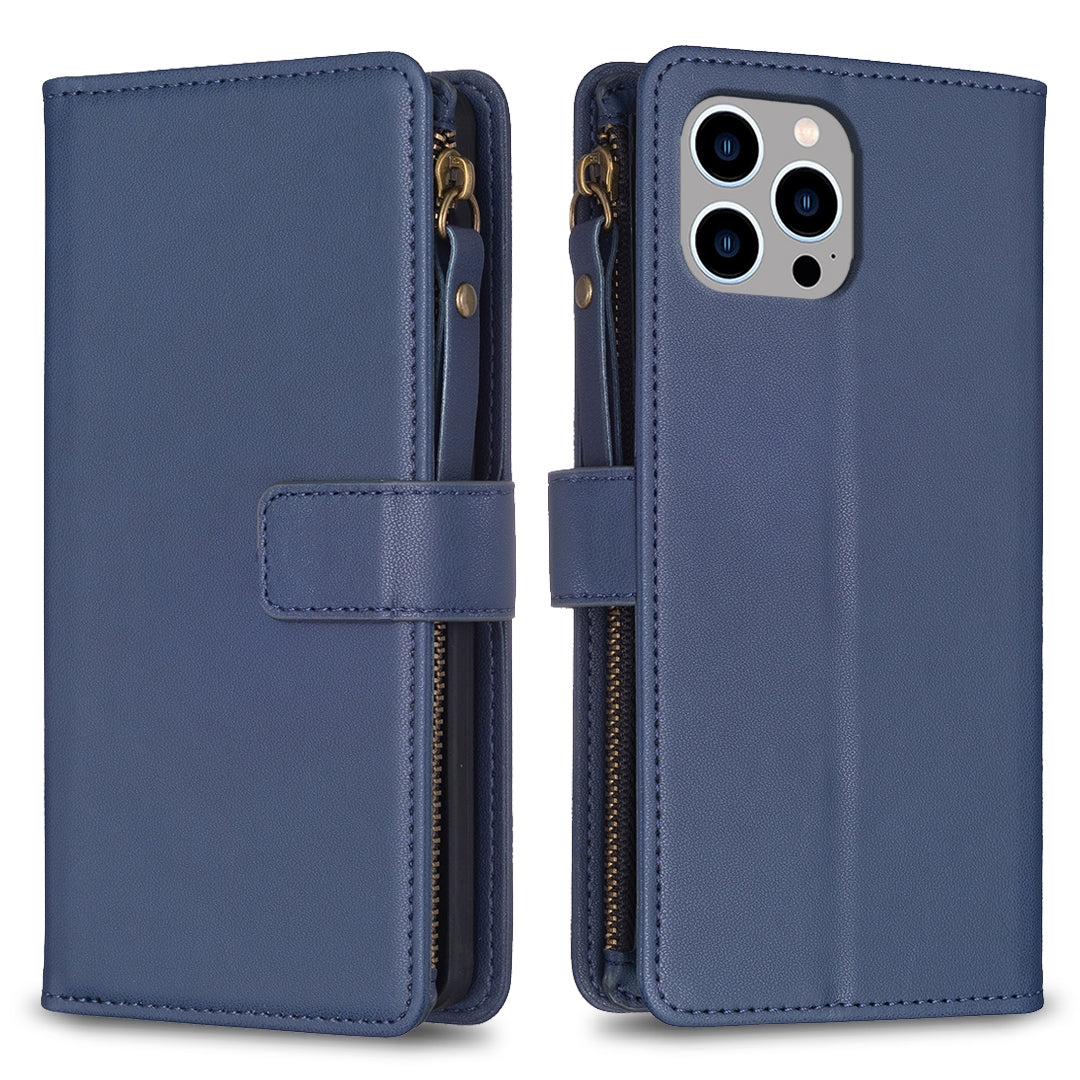 iPhone 13 Pro Leather Flip Wallet Phone Case with 9 Card Slots, Zipper Compartment, and Adjustable Stand