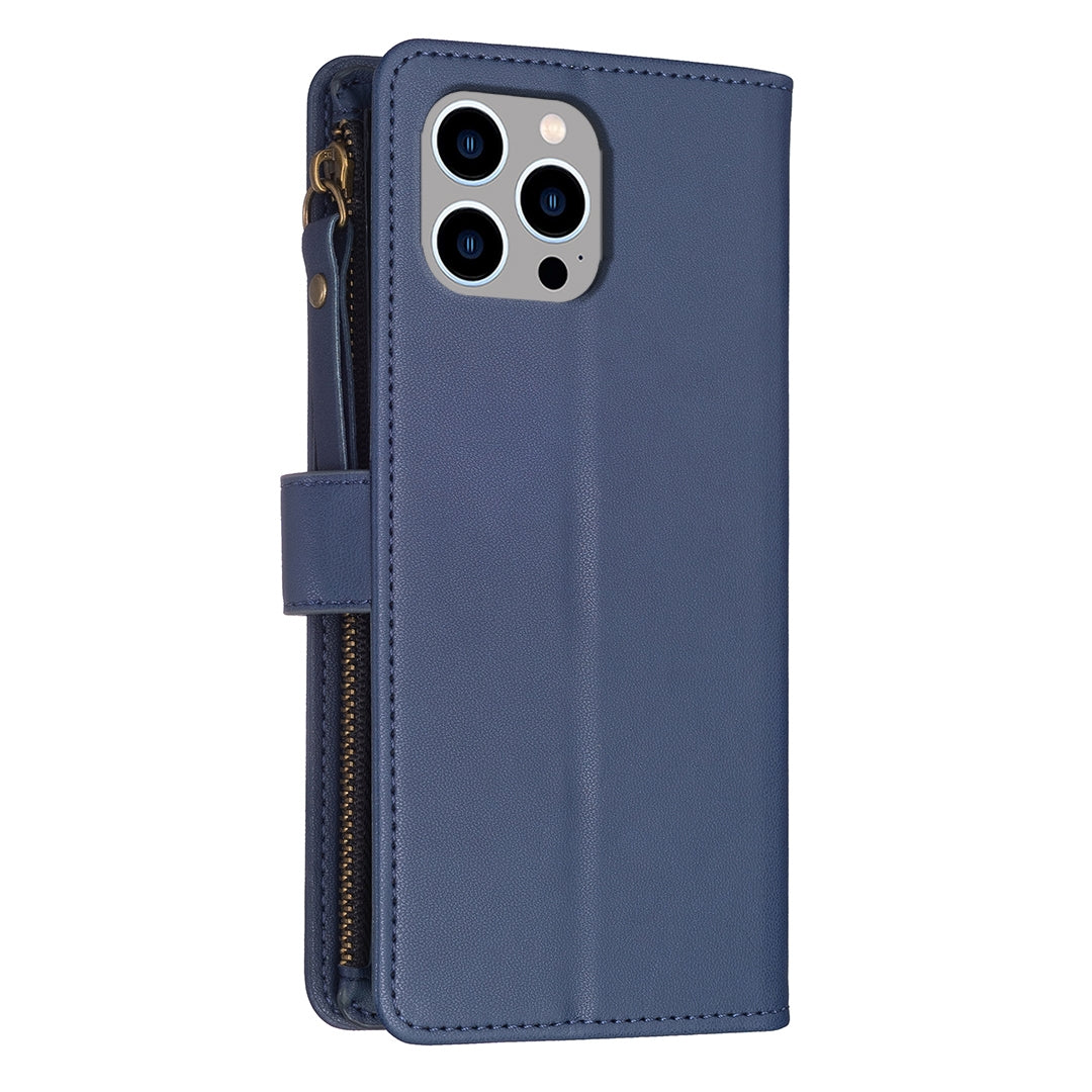 iPhone 13 Pro Leather Flip Wallet Phone Case with 9 Card Slots, Zipper Compartment, and Adjustable Stand