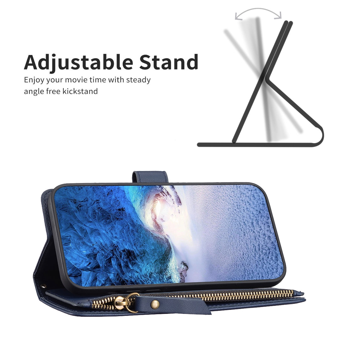 iPhone 13 Pro Leather Flip Wallet Phone Case with 9 Card Slots, Zipper Compartment, and Adjustable Stand