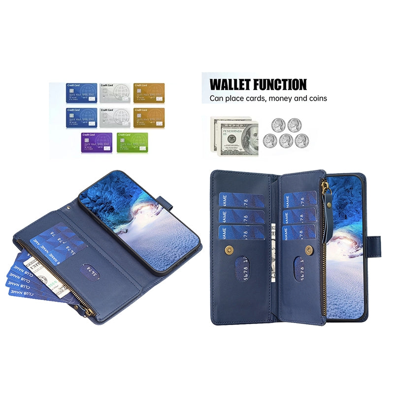 iPhone 13 Pro Leather Flip Wallet Phone Case with 9 Card Slots, Zipper Compartment, and Adjustable Stand