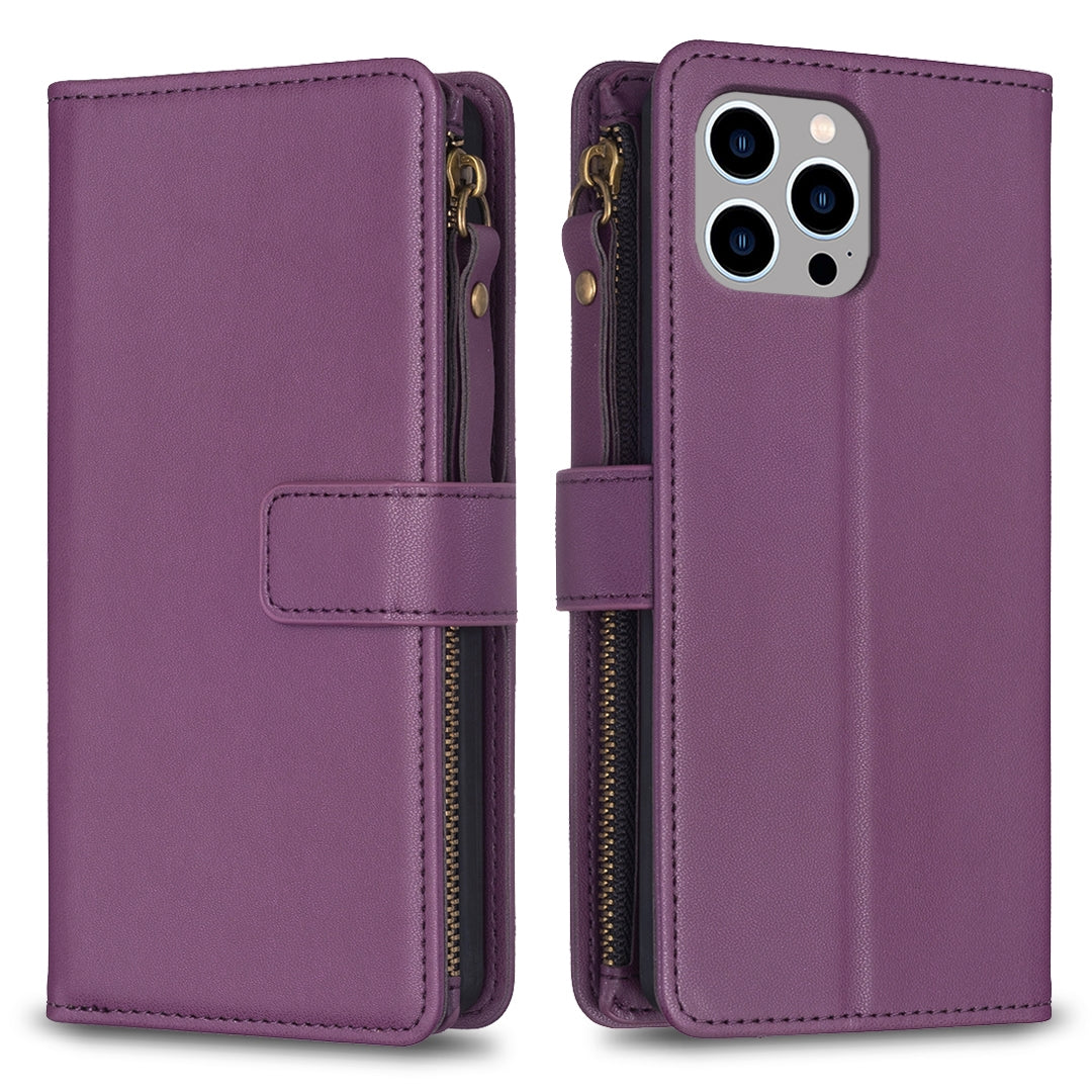 iPhone 13 Pro Leather Flip Wallet Phone Case with 9 Card Slots, Zipper Compartment, and Adjustable Stand
