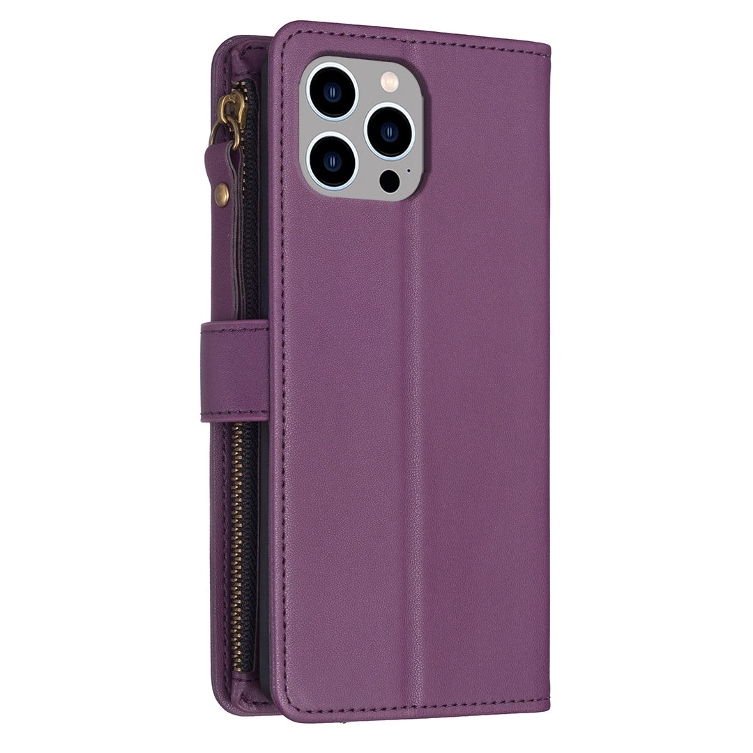 iPhone 13 Pro Leather Flip Wallet Phone Case with 9 Card Slots, Zipper Compartment, and Adjustable Stand