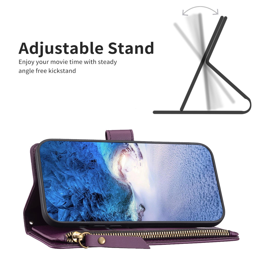 iPhone 13 Pro Leather Flip Wallet Phone Case with 9 Card Slots, Zipper Compartment, and Adjustable Stand