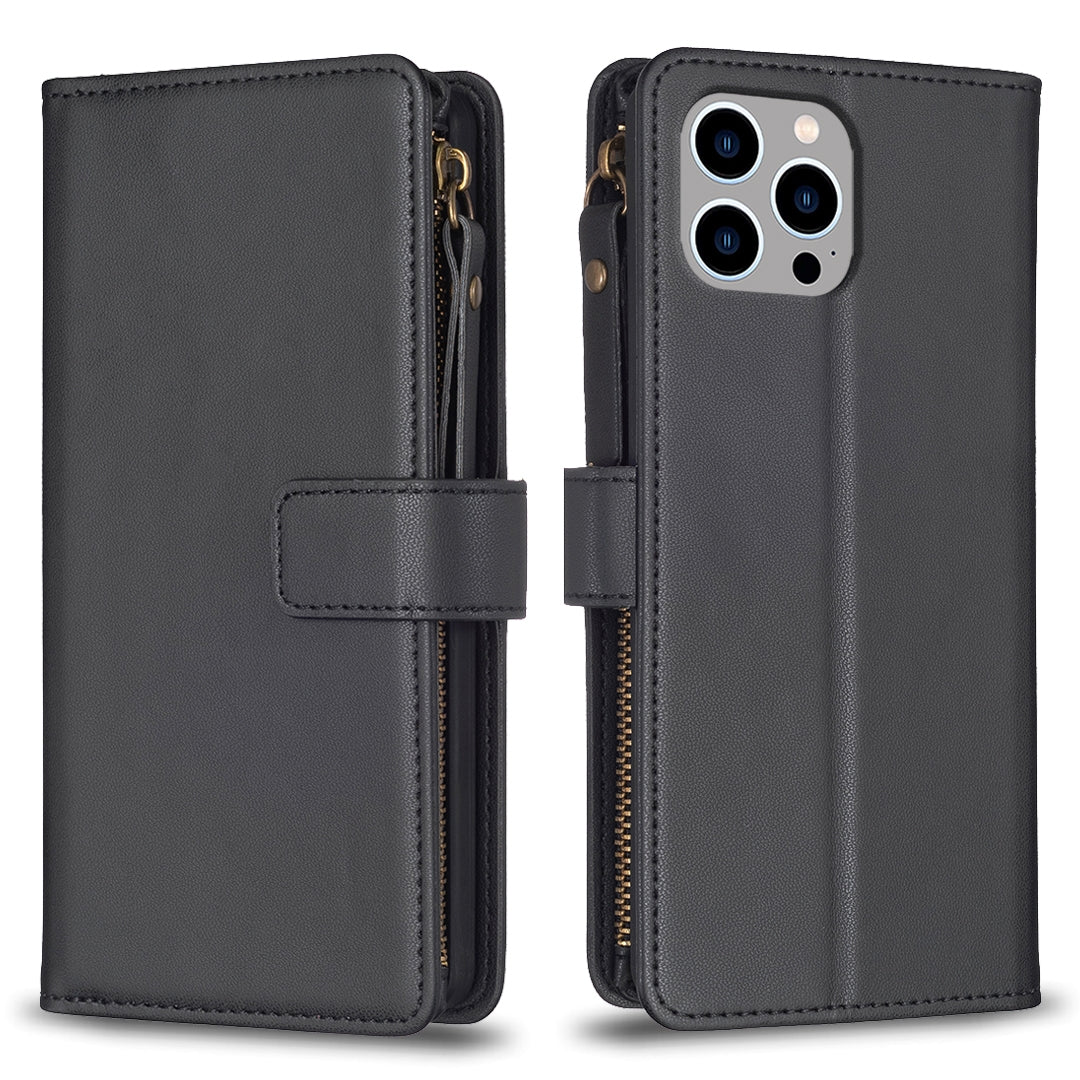iPhone 13 Pro Leather Flip Wallet Phone Case with 9 Card Slots, Zipper Compartment, and Adjustable Stand