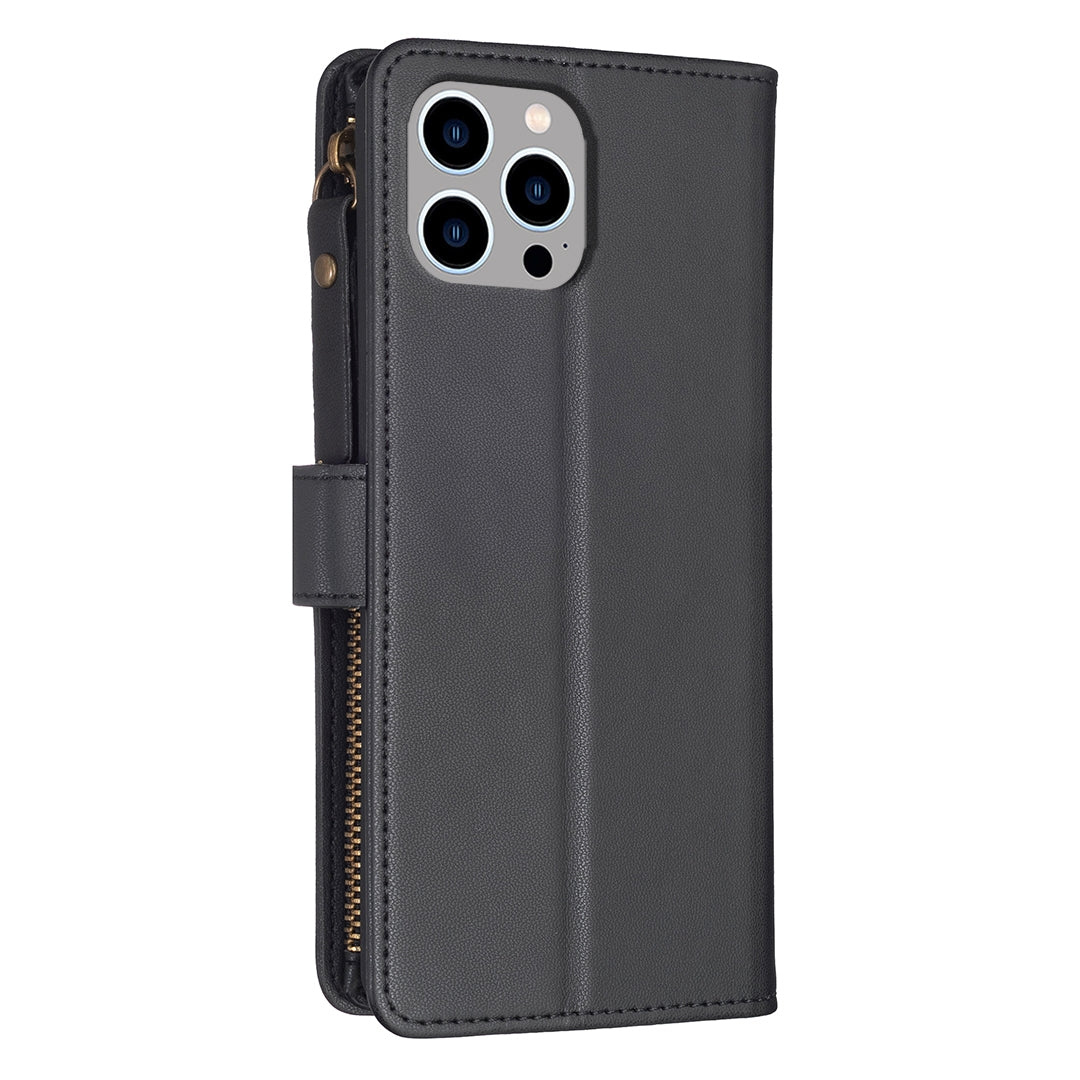 iPhone 13 Pro Leather Flip Wallet Phone Case with 9 Card Slots, Zipper Compartment, and Adjustable Stand