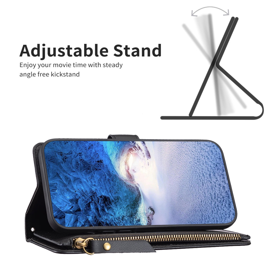 iPhone 13 Pro Leather Flip Wallet Phone Case with 9 Card Slots, Zipper Compartment, and Adjustable Stand