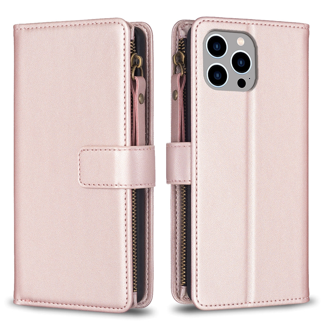 iPhone 13 Pro Leather Flip Wallet Phone Case with 9 Card Slots, Zipper Compartment, and Adjustable Stand