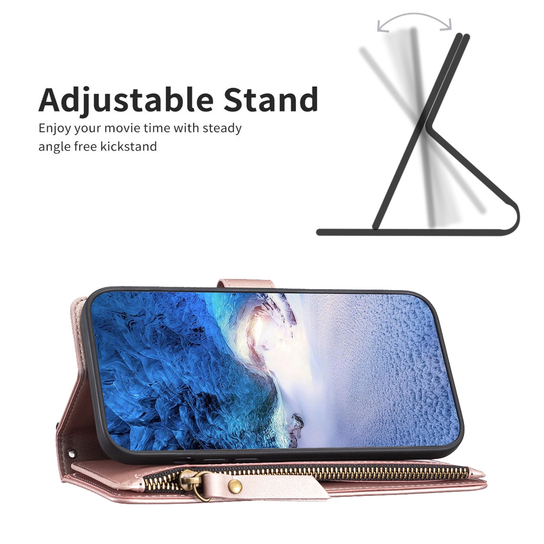 iPhone 13 Pro Leather Flip Wallet Phone Case with 9 Card Slots, Zipper Compartment, and Adjustable Stand