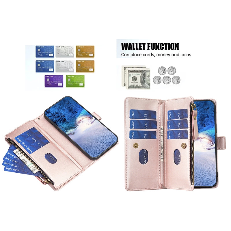 iPhone 13 Pro Leather Flip Wallet Phone Case with 9 Card Slots, Zipper Compartment, and Adjustable Stand
