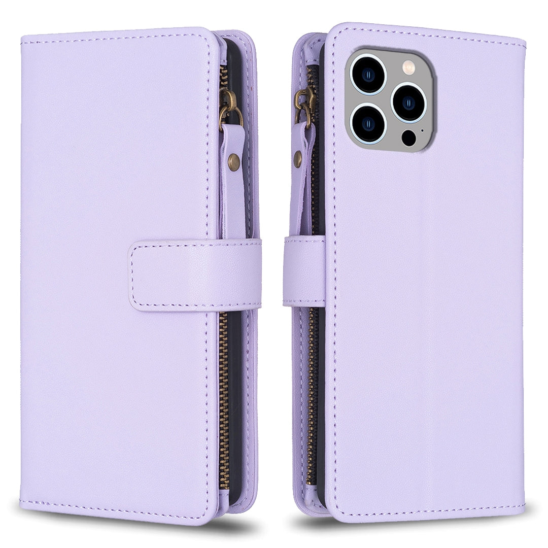iPhone 13 Pro Leather Flip Wallet Phone Case with 9 Card Slots, Zipper Compartment, and Adjustable Stand