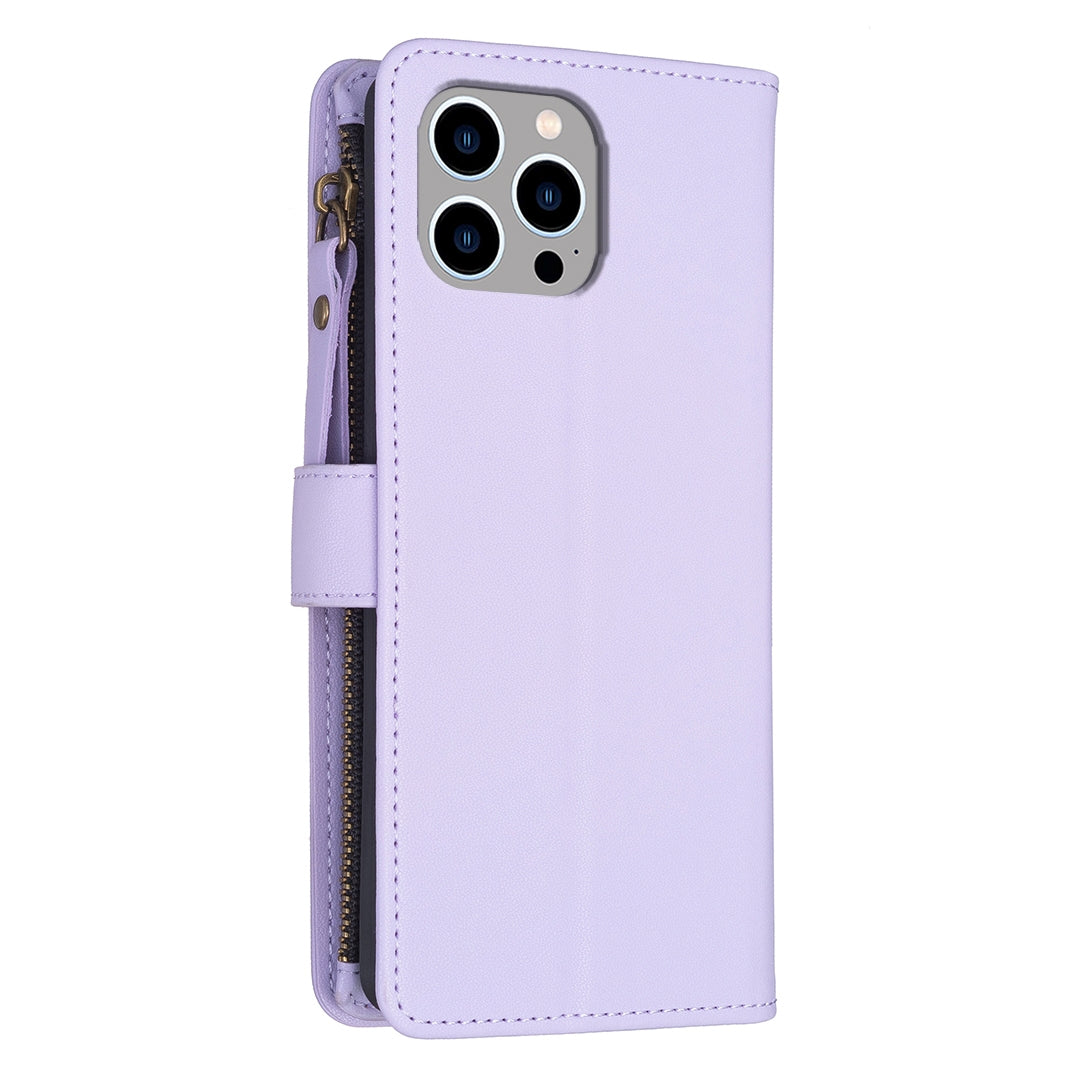 iPhone 13 Pro Leather Flip Wallet Phone Case with 9 Card Slots, Zipper Compartment, and Adjustable Stand