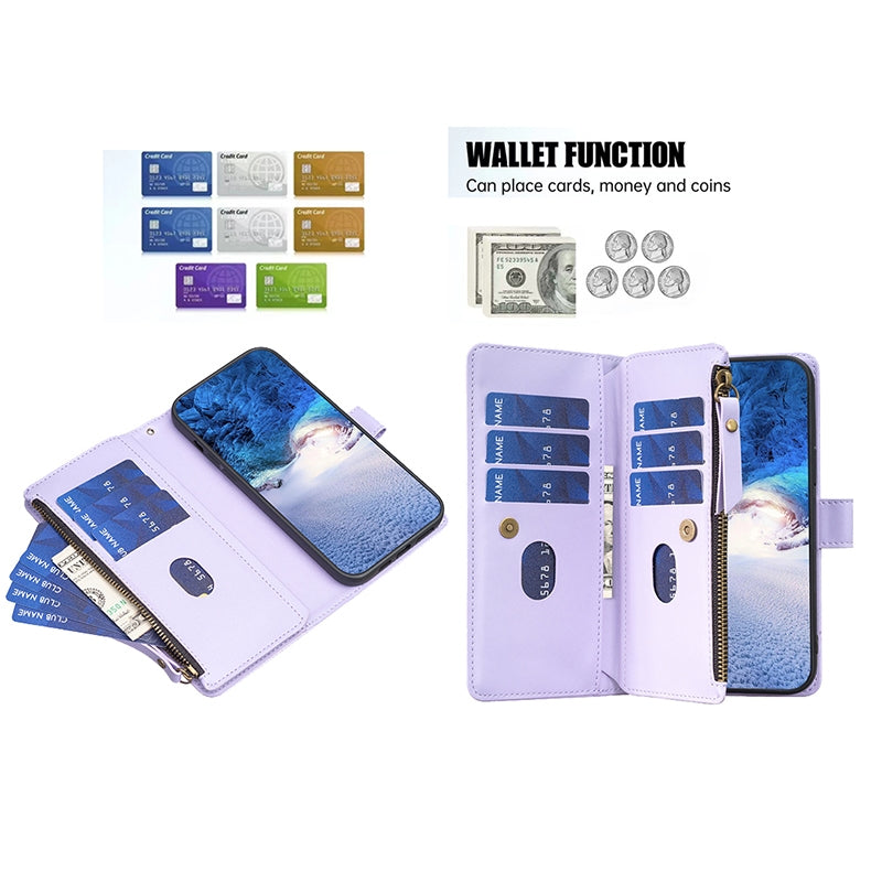 iPhone 13 Pro Leather Flip Wallet Phone Case with 9 Card Slots, Zipper Compartment, and Adjustable Stand