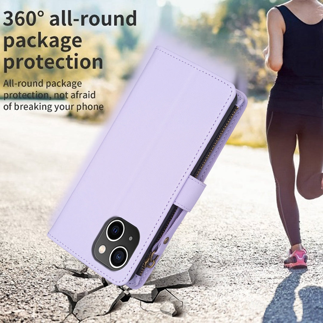 iPhone 15 Leather Flip Wallet Phone Case with 9 Card Slots, Zipper Compartment, and Adjustable Stand