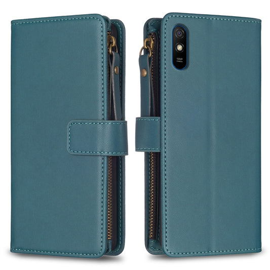 Xiaomi Redmi 9A Leather Flip Wallet Phone Case with 9 Card Slots, Zipper Compartment, and Adjustable Stand