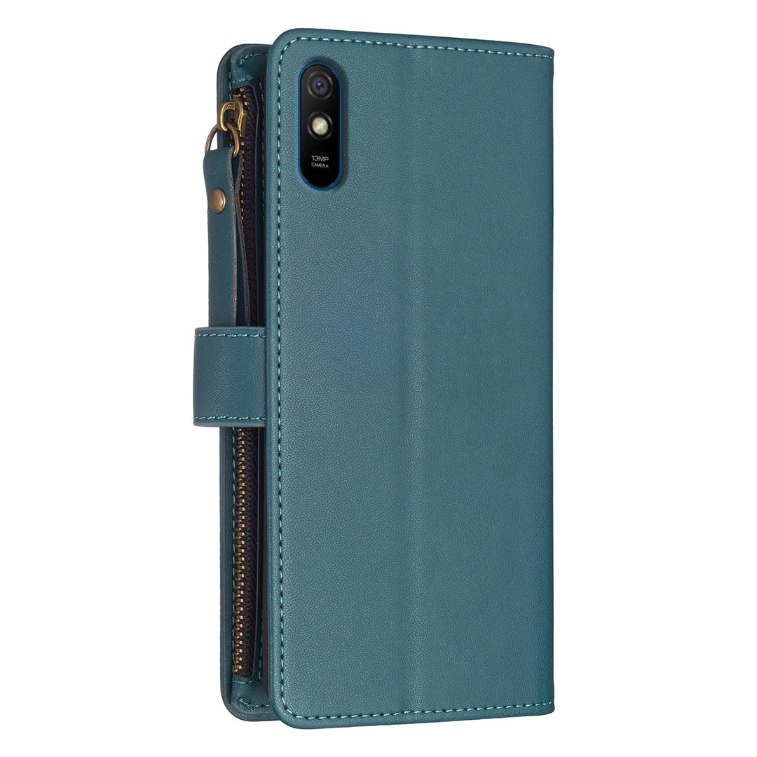 Xiaomi Redmi 9A Leather Flip Wallet Phone Case with 9 Card Slots, Zipper Compartment, and Adjustable Stand