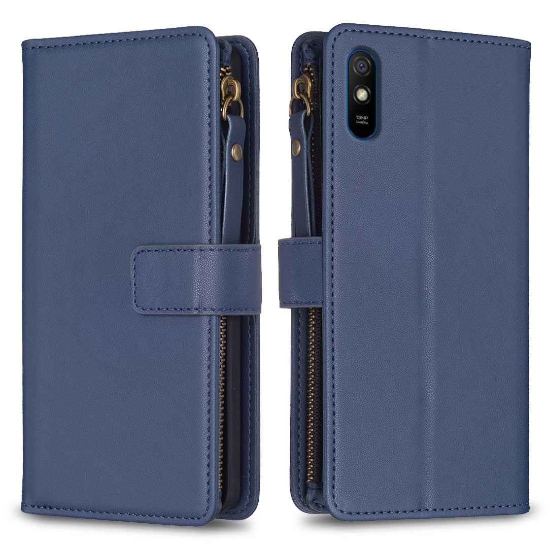 Xiaomi Redmi 9A Leather Flip Wallet Phone Case with 9 Card Slots, Zipper Compartment, and Adjustable Stand