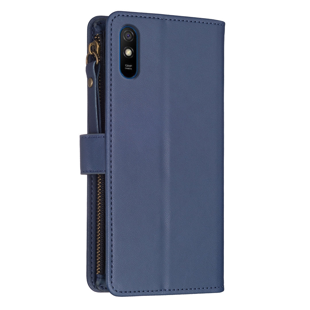 Xiaomi Redmi 9A Leather Flip Wallet Phone Case with 9 Card Slots, Zipper Compartment, and Adjustable Stand