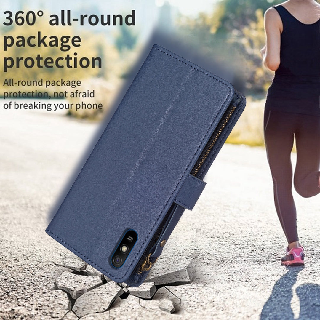 Xiaomi Redmi 9A Leather Flip Wallet Phone Case with 9 Card Slots, Zipper Compartment, and Adjustable Stand