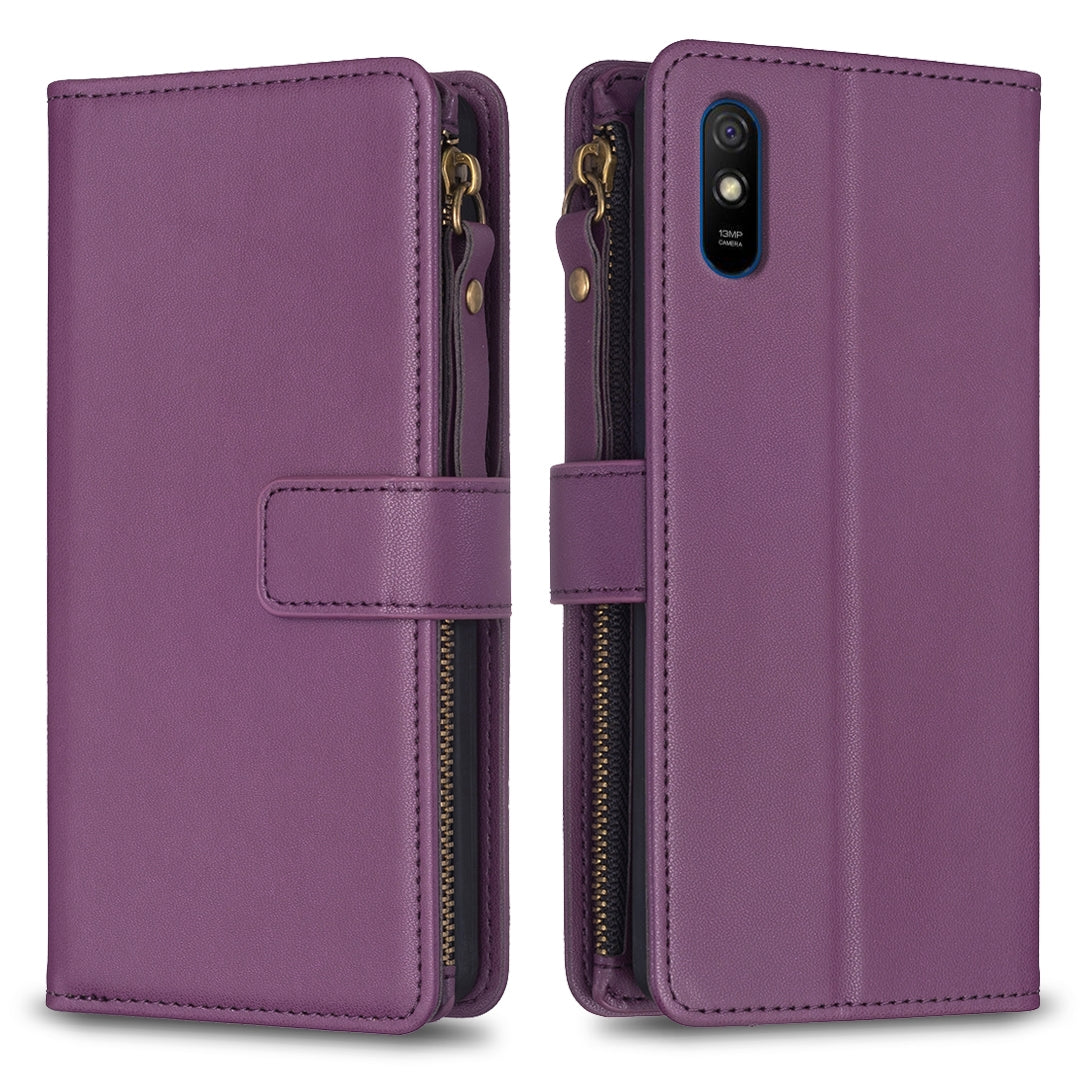 Xiaomi Redmi 9A Leather Flip Wallet Phone Case with 9 Card Slots, Zipper Compartment, and Adjustable Stand