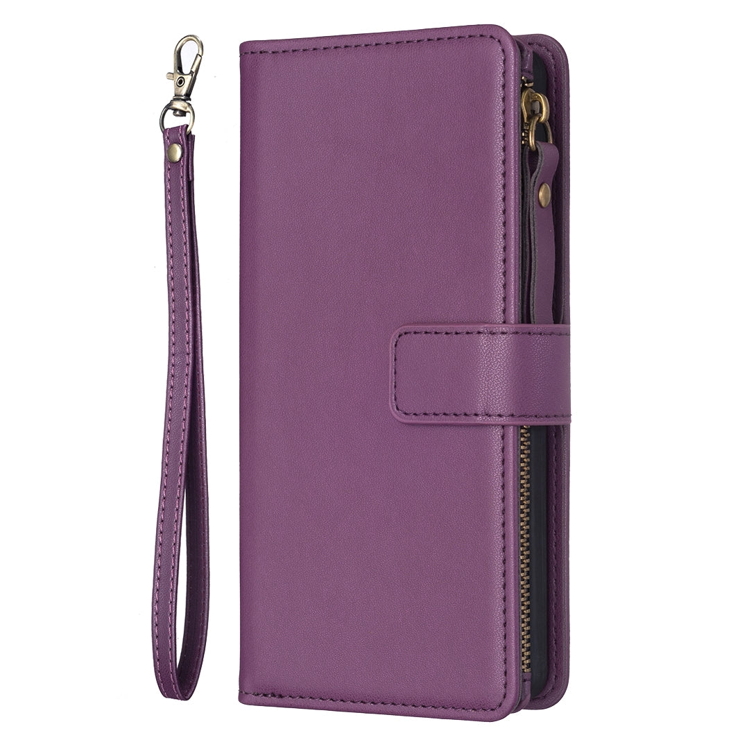 Xiaomi Redmi 9A Leather Flip Wallet Phone Case with 9 Card Slots, Zipper Compartment, and Adjustable Stand