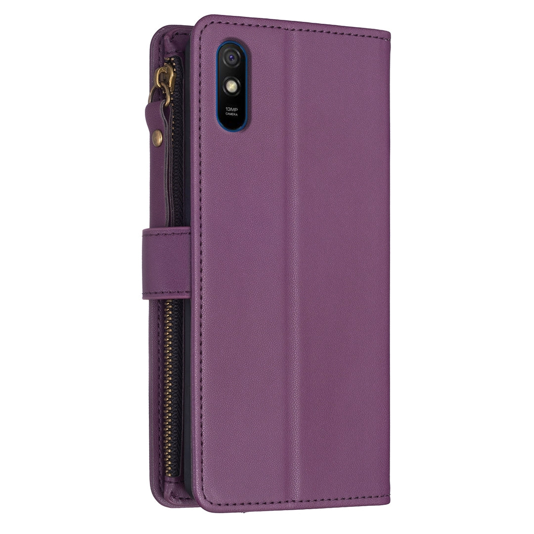 Xiaomi Redmi 9A Leather Flip Wallet Phone Case with 9 Card Slots, Zipper Compartment, and Adjustable Stand