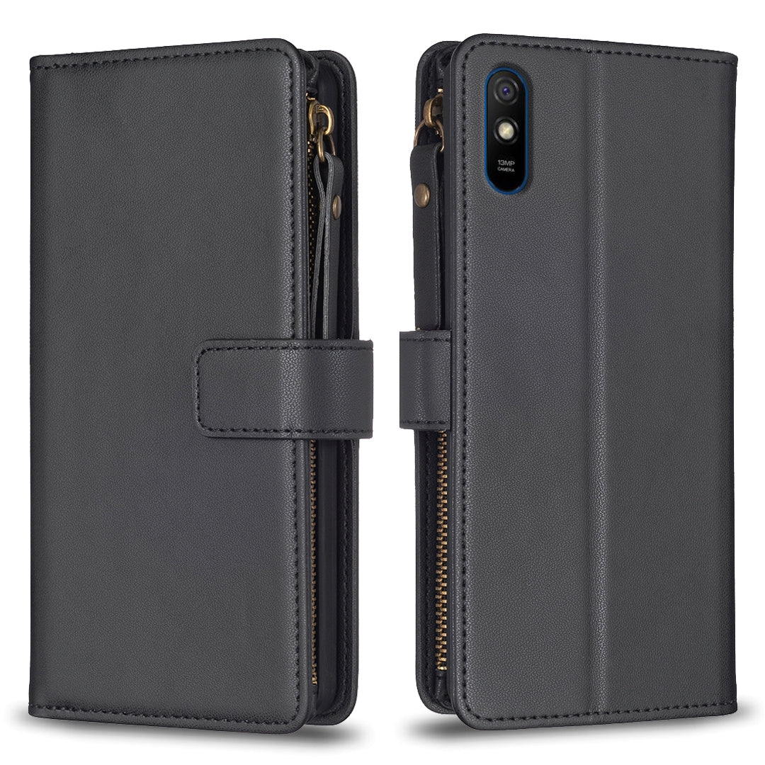 Xiaomi Redmi 9A Leather Flip Wallet Phone Case with 9 Card Slots, Zipper Compartment, and Adjustable Stand