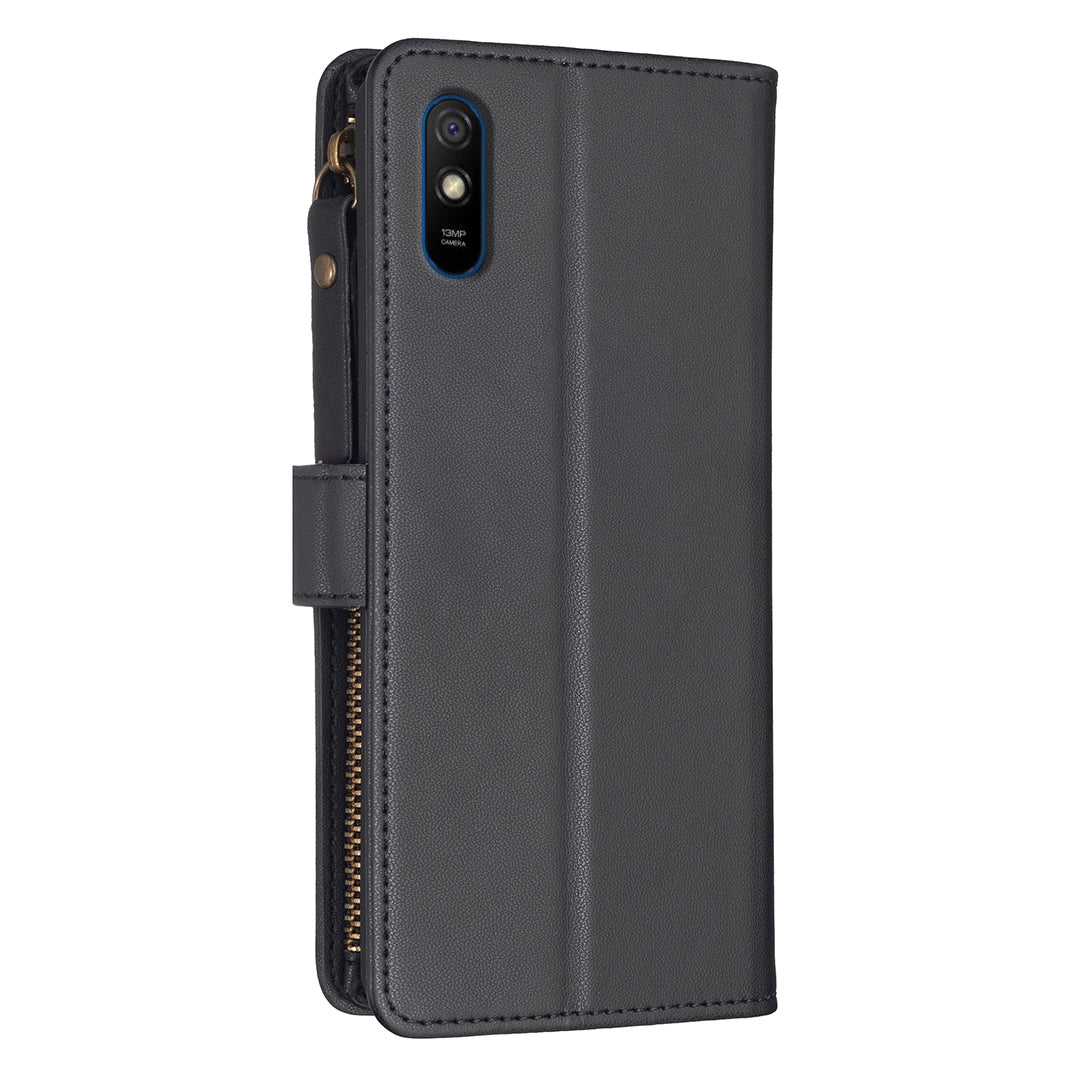 Xiaomi Redmi 9A Leather Flip Wallet Phone Case with 9 Card Slots, Zipper Compartment, and Adjustable Stand
