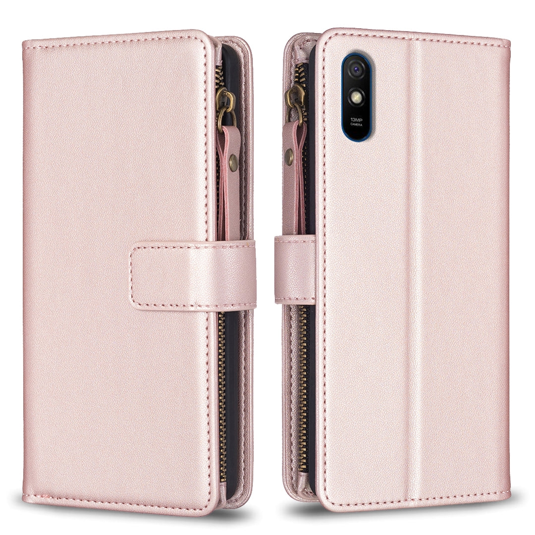 Xiaomi Redmi 9A Leather Flip Wallet Phone Case with 9 Card Slots, Zipper Compartment, and Adjustable Stand