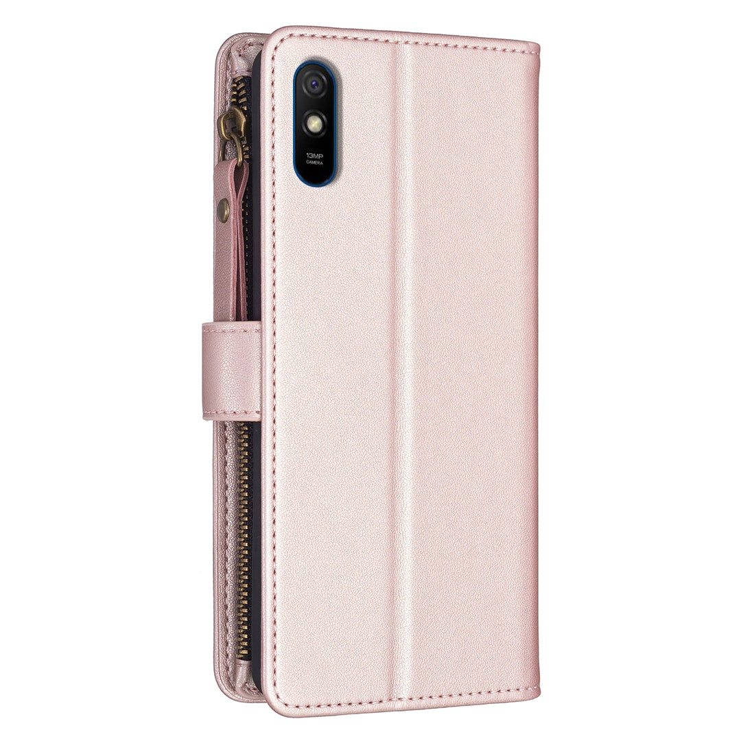 Xiaomi Redmi 9A Leather Flip Wallet Phone Case with 9 Card Slots, Zipper Compartment, and Adjustable Stand