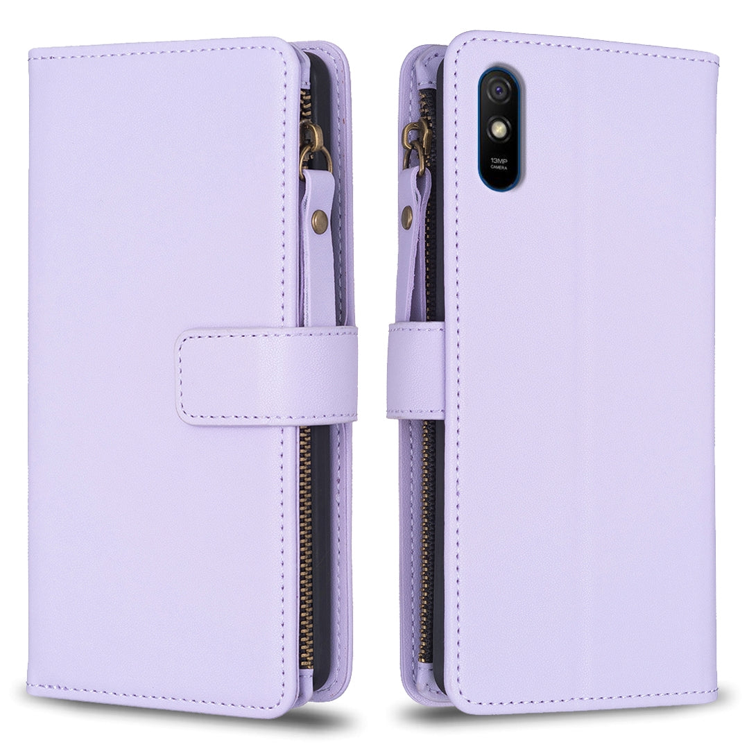 Xiaomi Redmi 9A Leather Flip Wallet Phone Case with 9 Card Slots, Zipper Compartment, and Adjustable Stand