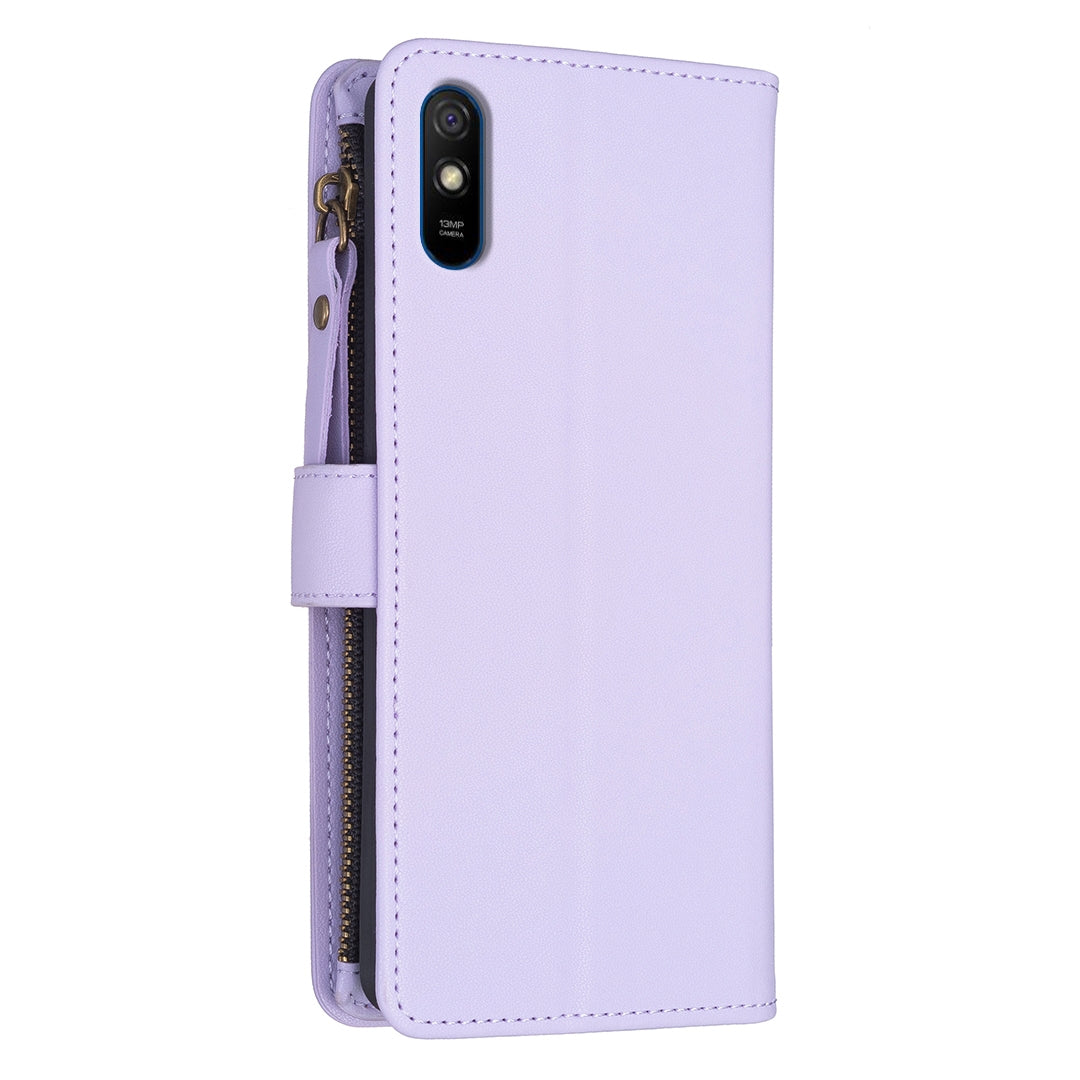 Xiaomi Redmi 9A Leather Flip Wallet Phone Case with 9 Card Slots, Zipper Compartment, and Adjustable Stand