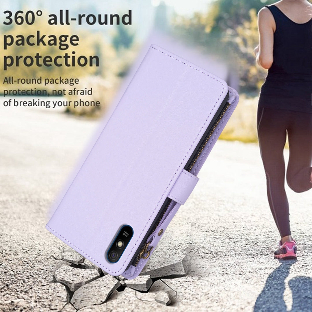 Xiaomi Redmi 9A Leather Flip Wallet Phone Case with 9 Card Slots, Zipper Compartment, and Adjustable Stand