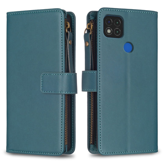 Xiaomi Redmi 9C Leather Flip Wallet Phone Case with 9 Card Slots, Zipper Compartment, and Adjustable Stand