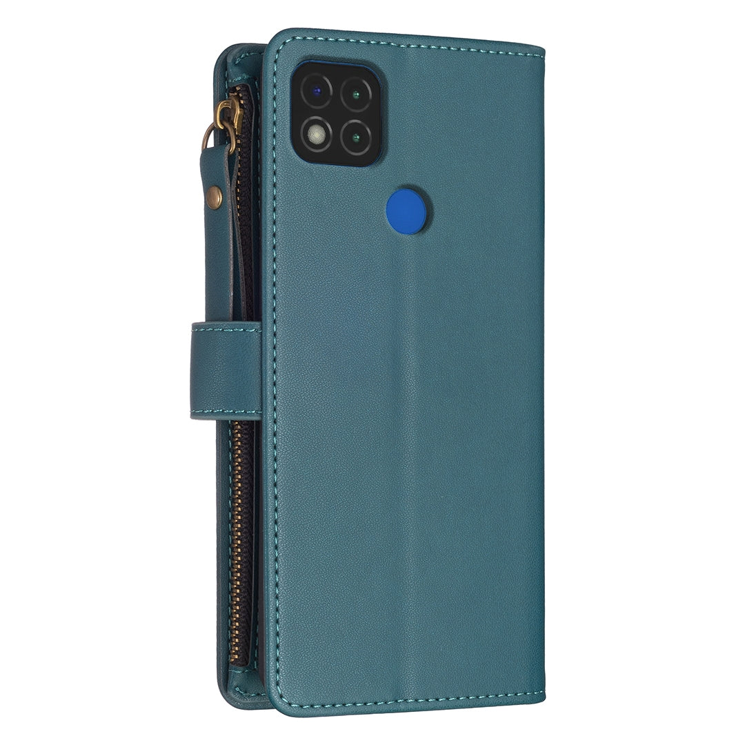 Xiaomi Redmi 9C Leather Flip Wallet Phone Case with 9 Card Slots, Zipper Compartment, and Adjustable Stand