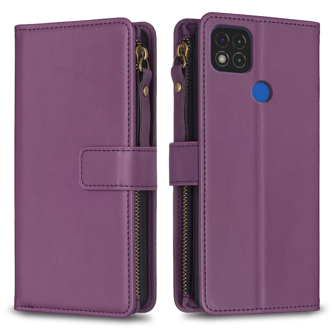 Xiaomi Redmi 9C Leather Flip Wallet Phone Case with 9 Card Slots, Zipper Compartment, and Adjustable Stand